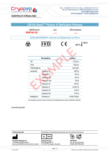 Certificat d'analyses CRYOcheck™ Factor X Deficient Plasma 